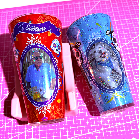 Veladoras personalizadas con foto y papel picado con nombre - combinadas (Paq. 8)