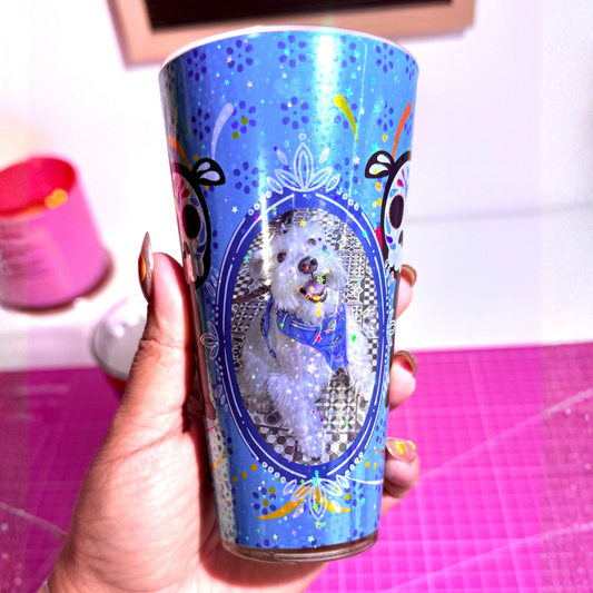 Veladoras personalizadas con foto y papel picado con nombre para mascotas (Paq. 8)